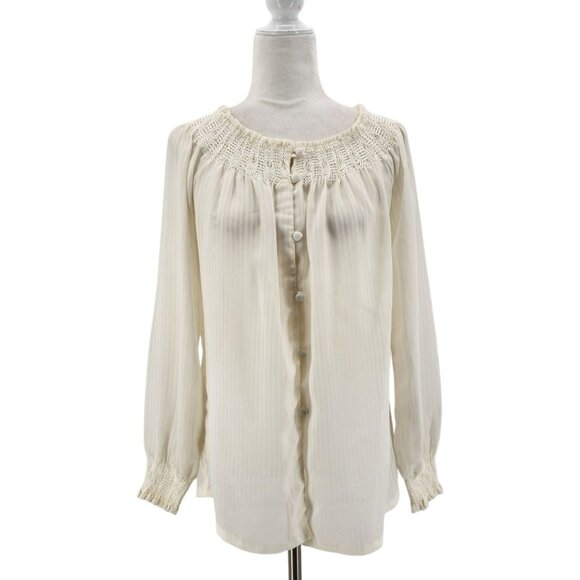 Vintage Chessa Davis Womens Small Top Blouse Striped Ivory Long Sleeve Button - Picture 13 of 13